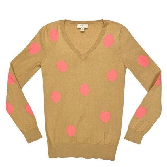 LOFT V-Neck Sweater Women Xs Tan Polka Dot Pink Minimalist Modest Neutral Modern - Picture 1 of 16